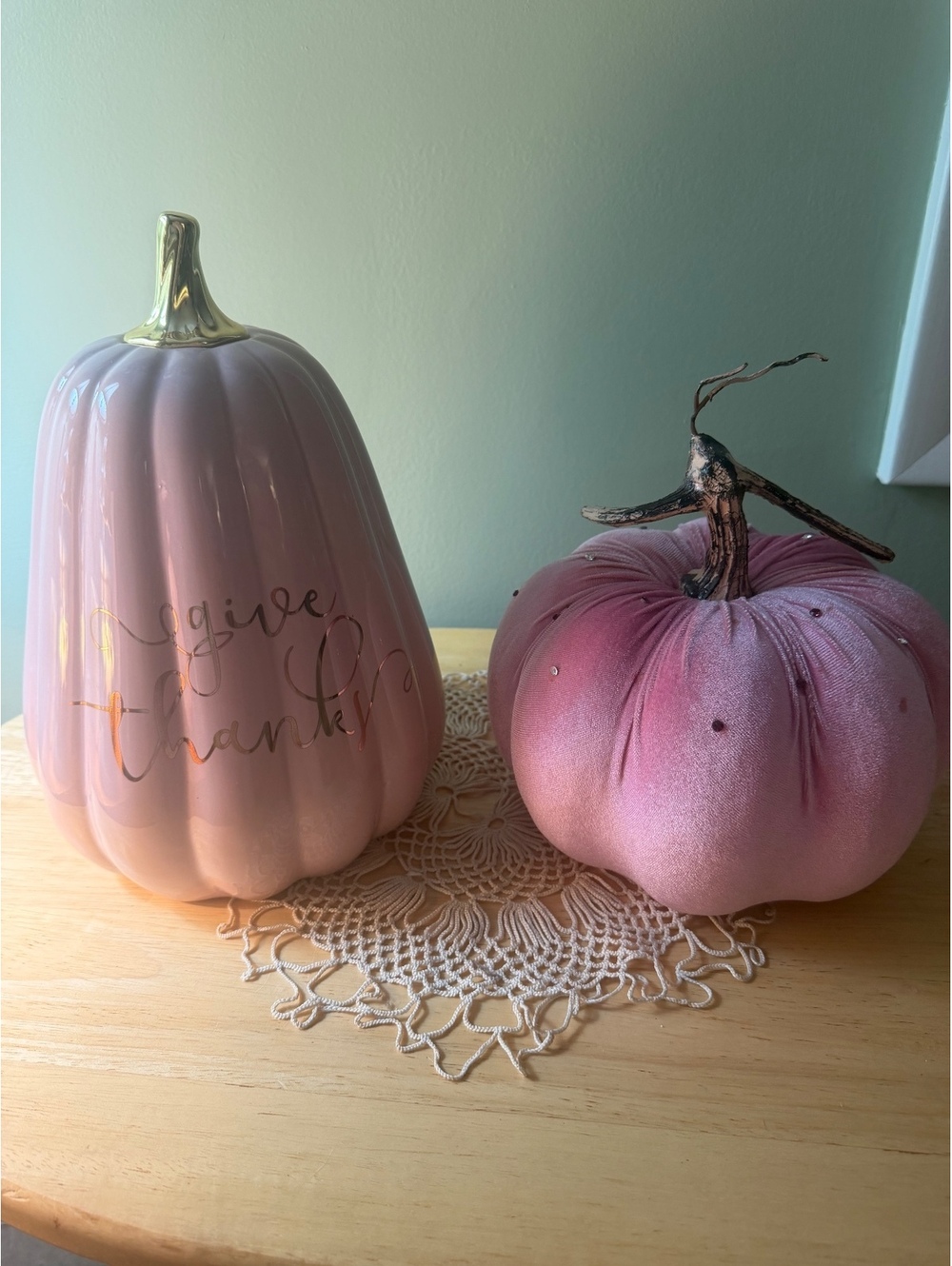 Pink Decorative Pumpkin Set - Ceramic and Velvet Fall Decor